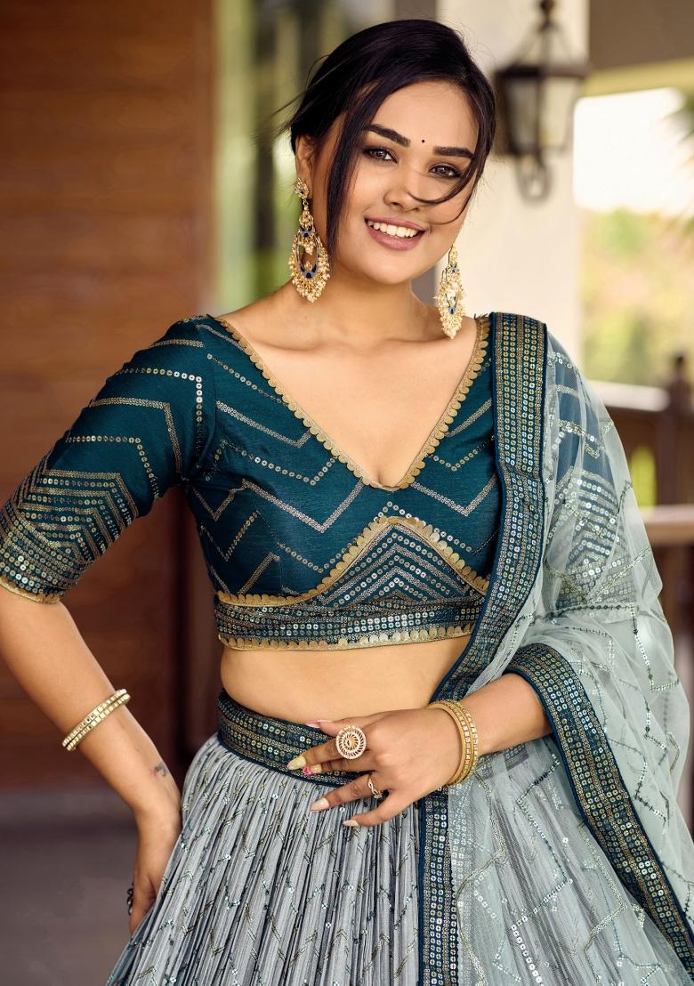 Blue Embroidered Chinon Lehenga Choli Set - Indya