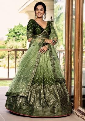 Green Embroidered Chinon Lehenga Choli Set