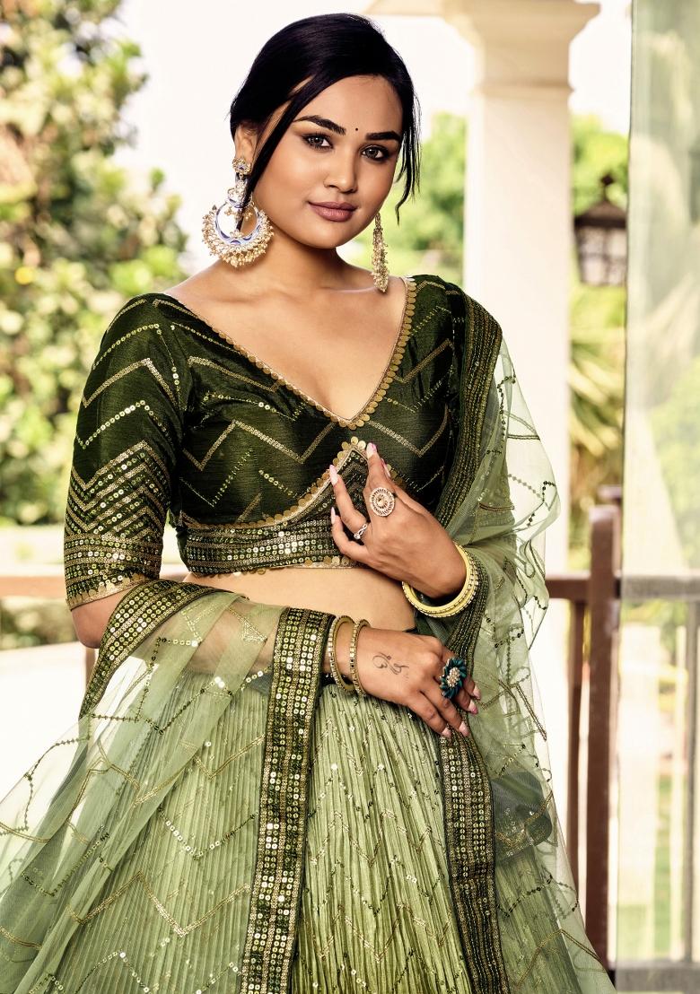 Green Embroidered Chinon Lehenga Choli Set - Indya