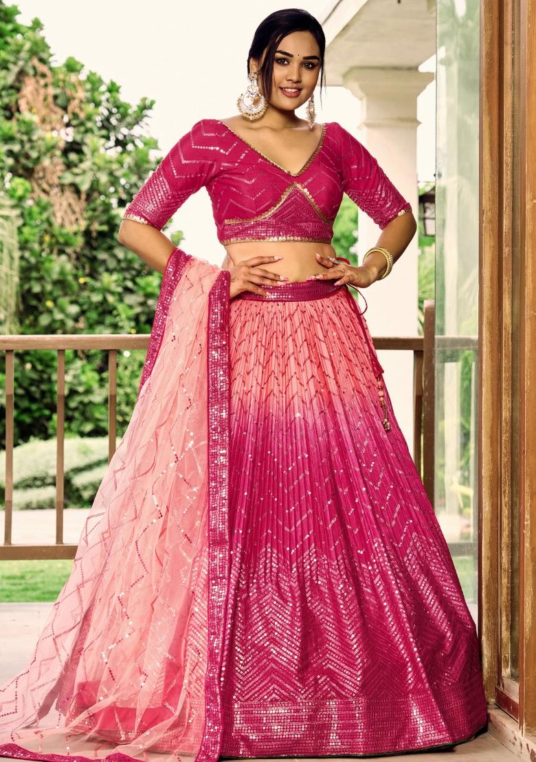 Pink Embroidered Chinon Lehenga Choli Set - Indya