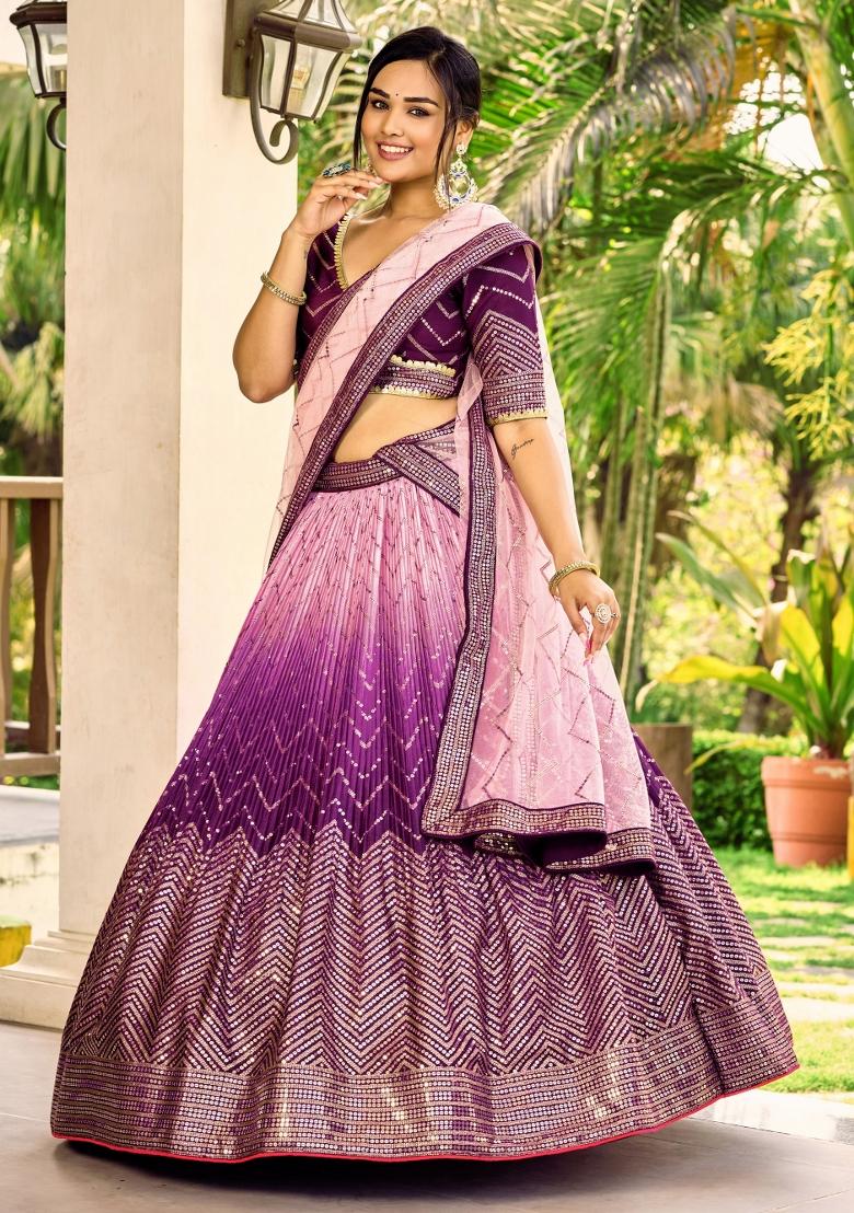 Purple Embroidered Chinon Lehenga Choli Set