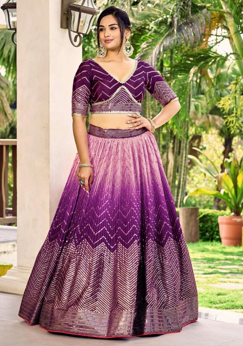 Purple Embroidered Chinon Lehenga Choli Set - Indya
