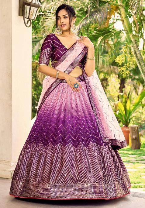 Purple Embroidered Chinon Lehenga Choli Set