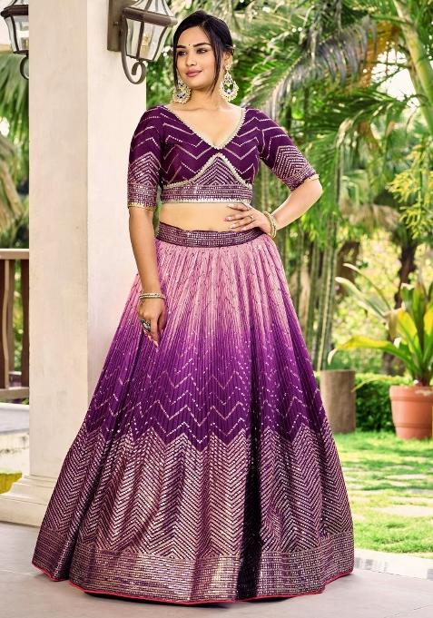 Purple Embroidered Chinon Lehenga Choli Set