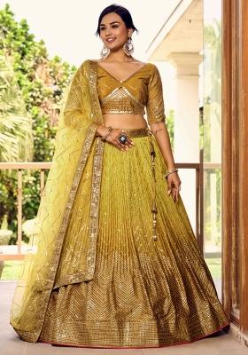 Yellow Embroidered Chinon Lehenga Choli Set