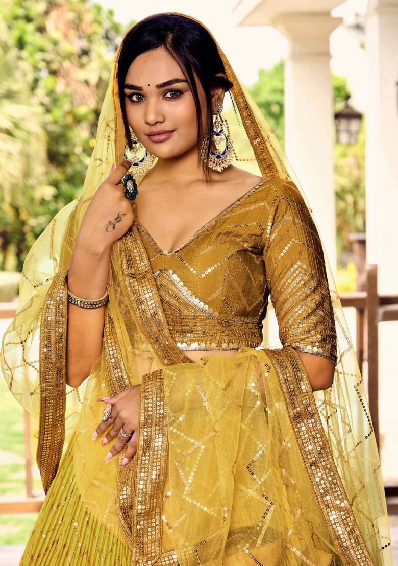 Yellow Embroidered Chinon Lehenga Choli Set - Indya