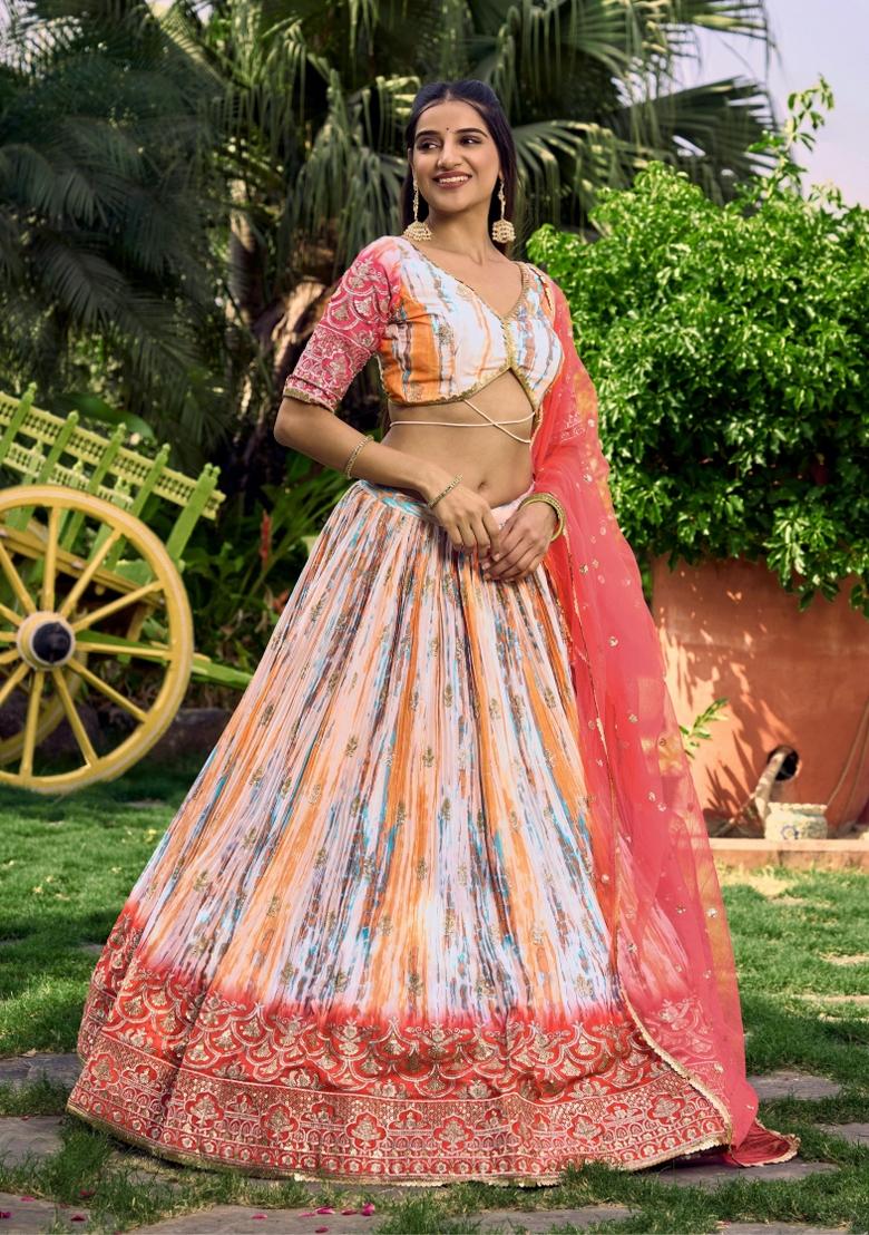 Pink Embroidered Chinon Lehenga Choli Set - Indya
