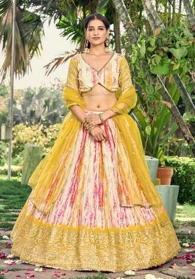 Yellow Embroidered Chinon Lehenga Choli Set