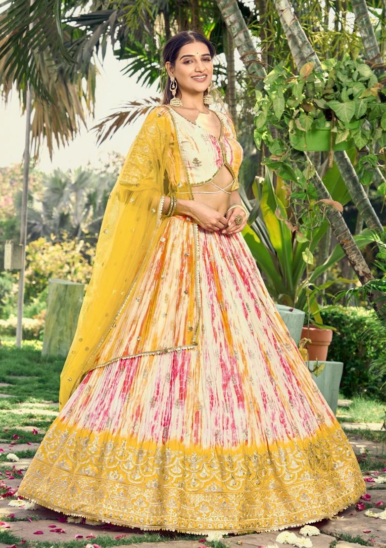 Yellow Embroidered Chinon Lehenga Choli Set - Indya
