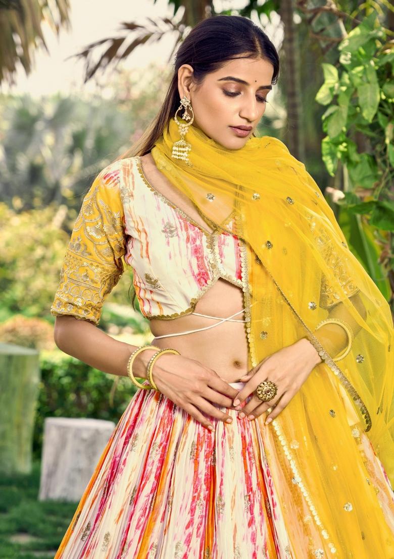 Yellow Embroidered Chinon Lehenga Choli Set - Indya