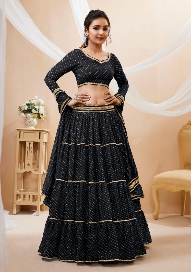 Black Printed Georgette Lehenga Choli Set - Indya