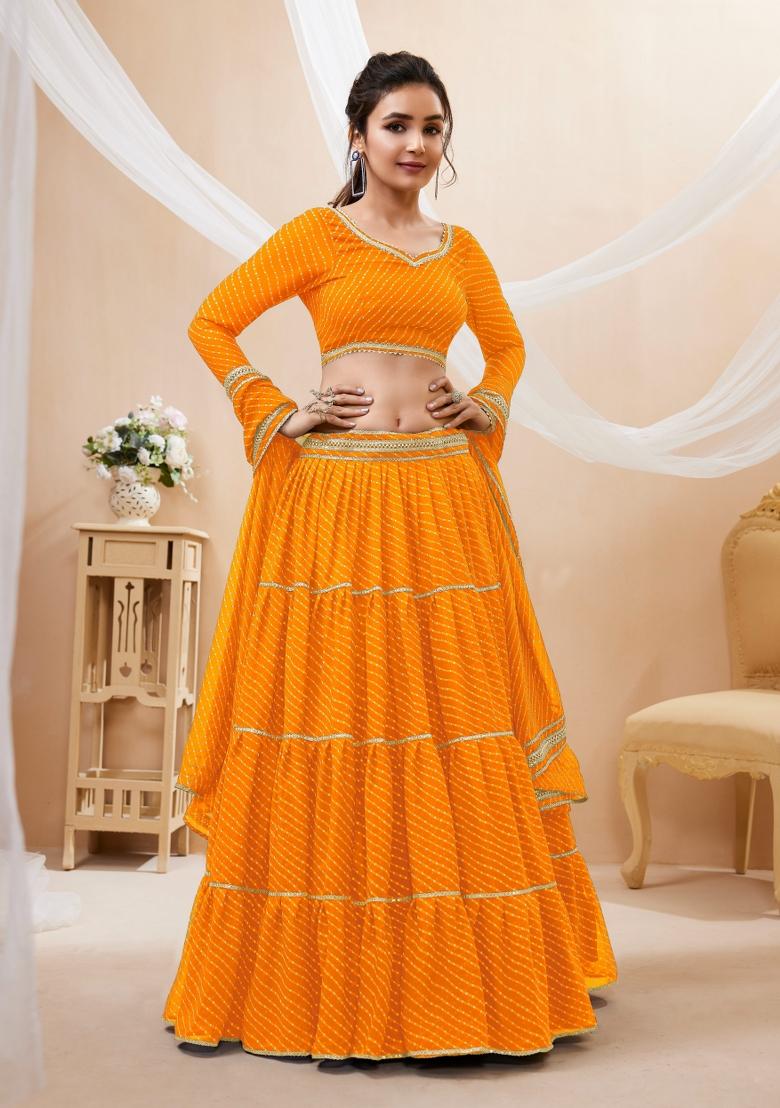 Yellow Printed Georgette Lehenga Choli Set