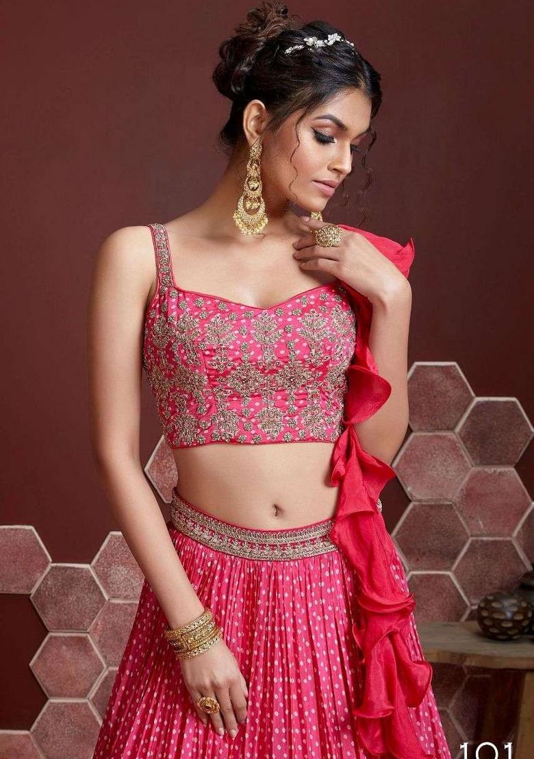 Pink Embroidered Chinnon Silk Lehenga Choli Set - Indya
