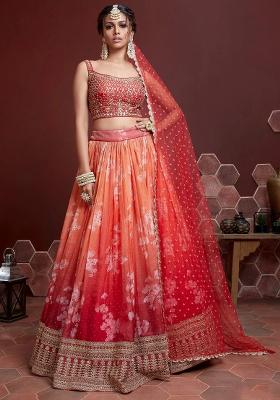 Orange Embroidered Banglory Silk Lehenga Choli Set