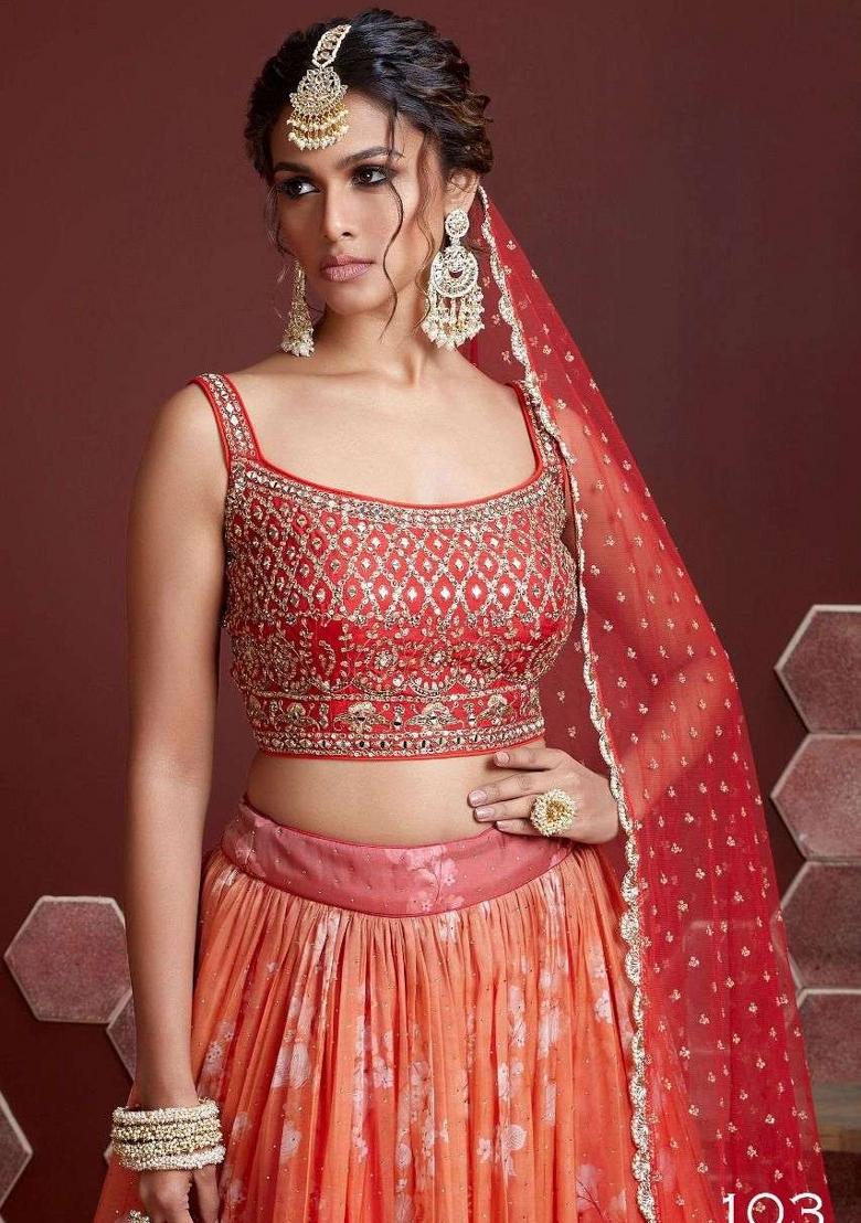 Orange Embroidered Banglory Silk Lehenga Choli Set - Indya