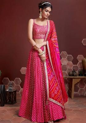 Pink Embroidered Banglory Silk Lehenga Choli Set