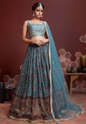 Teal Embroidered Banglory Silk Lehenga Choli Set