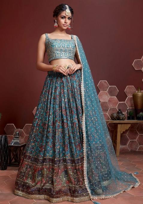 Teal Embroidered Banglory Silk Lehenga Choli Set