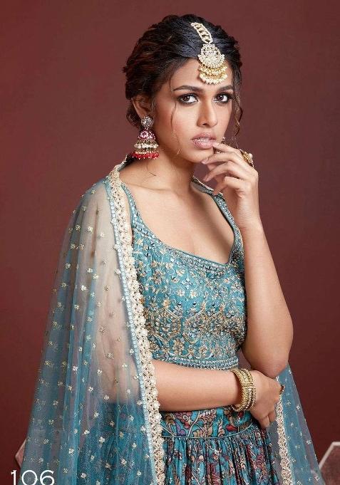 Teal Embroidered Banglory Silk Lehenga Choli Set