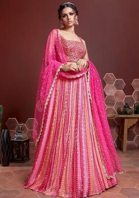 Pink Embroidered Banglory Silk Lehenga Choli Set
