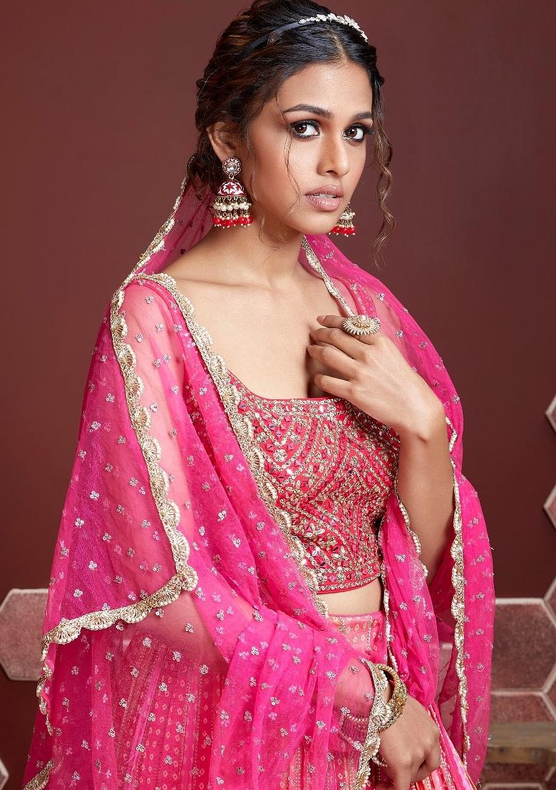 Pink Embroidered Banglory Silk Lehenga Choli Set - Indya