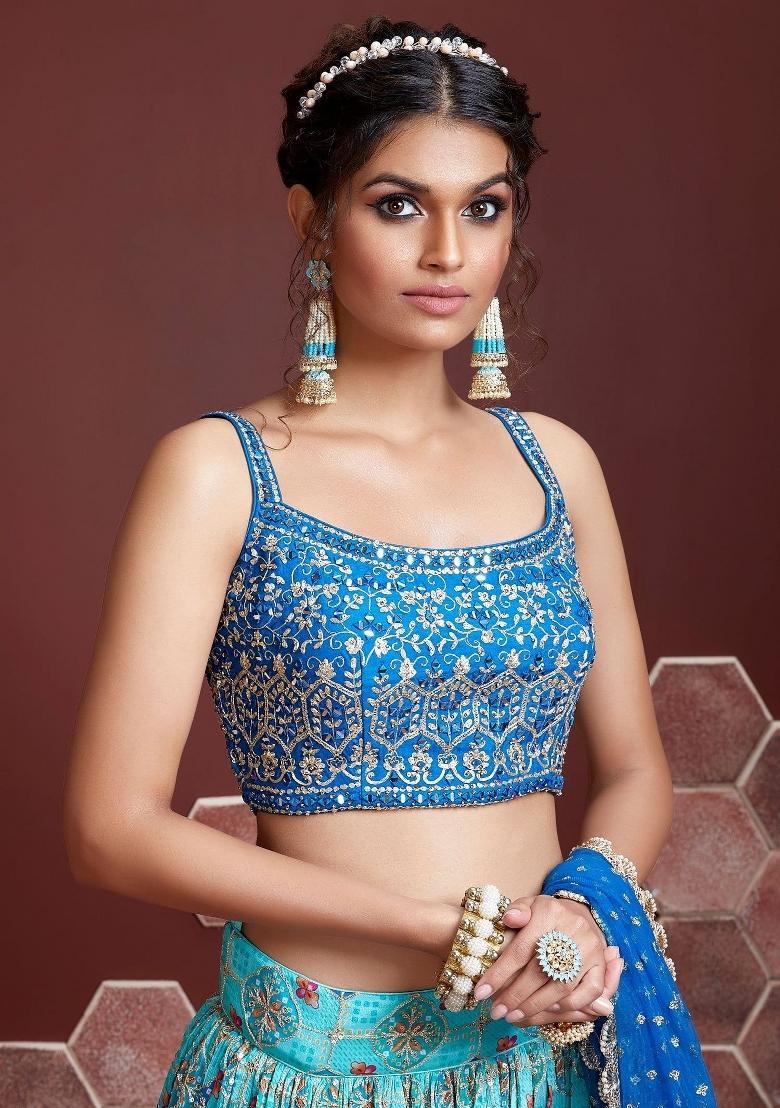 Sky Blue Embroidered Banglory Silk Lehenga Choli Set - Indya