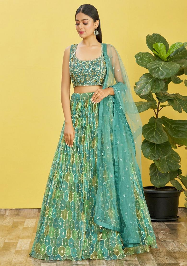Green Embroidered Slub Silk Lehenga Choli Set