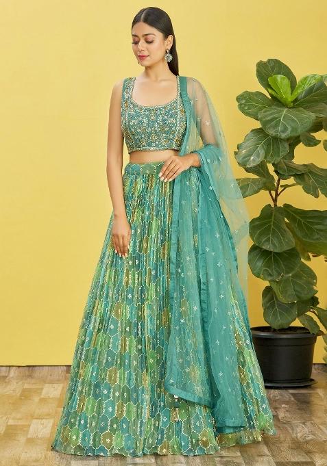Green Embroidered Slub Silk Lehenga Choli Set
