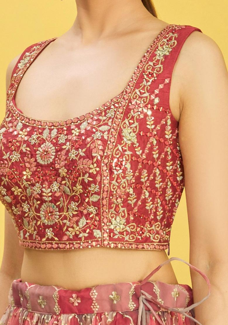 Brown Embroidered Slub Silk Lehenga Choli Set - Indya
