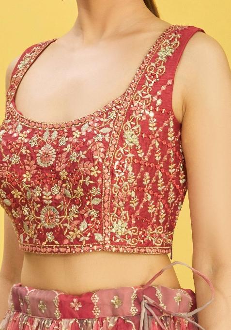 Brown Embroidered Slub Silk Lehenga Choli Set