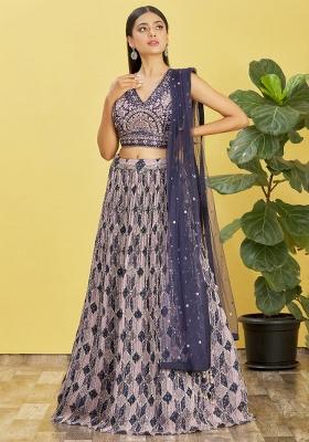 Blue Embroidered Slub Silk Lehenga Choli Set