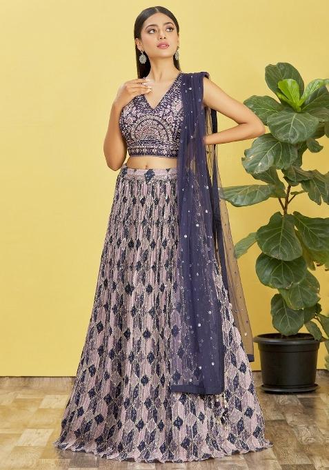 Blue Embroidered Slub Silk Lehenga Choli Set