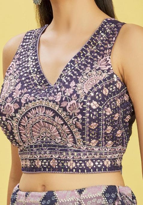 Blue Embroidered Slub Silk Lehenga Choli Set