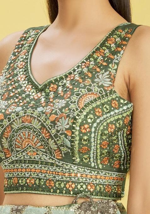 Green Embroidered Slub Silk Lehenga Choli Set