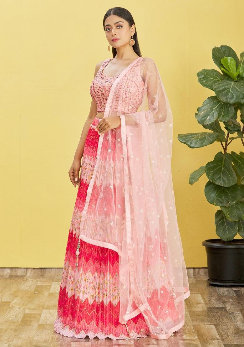 Pink Embroidered Slub Silk Lehenga Choli Set - Indya