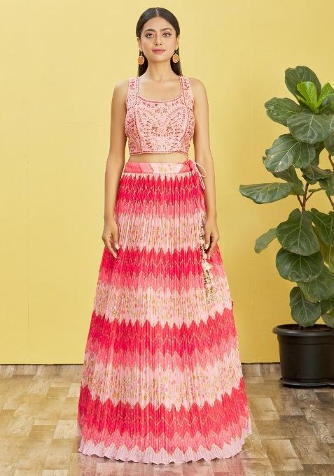 Pink Embroidered Slub Silk Lehenga Choli Set