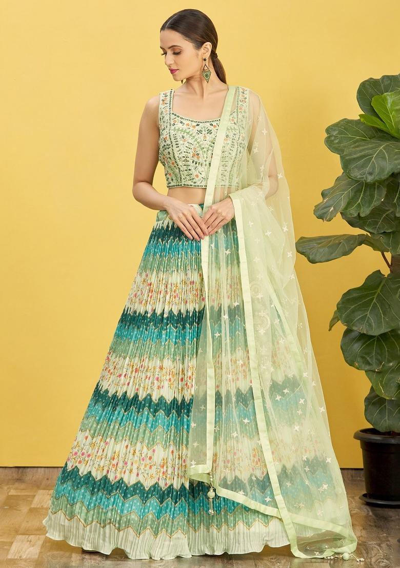 Green Embroidered Slub Silk Lehenga Choli Set