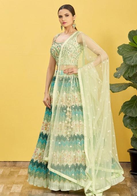 Green Embroidered Slub Silk Lehenga Choli Set