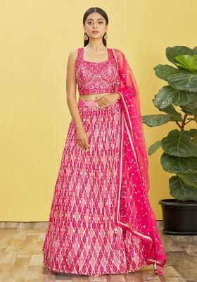 Pink Embroidered Slub Silk Lehenga Choli Set