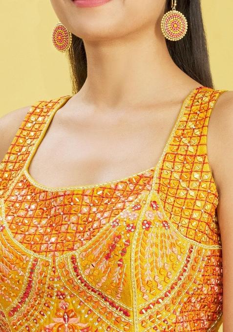 Yellow Embroidered Slub Silk Lehenga Choli Set
