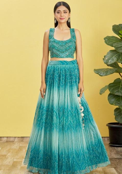 Blue Embroidered Slub Silk Lehenga Choli Set