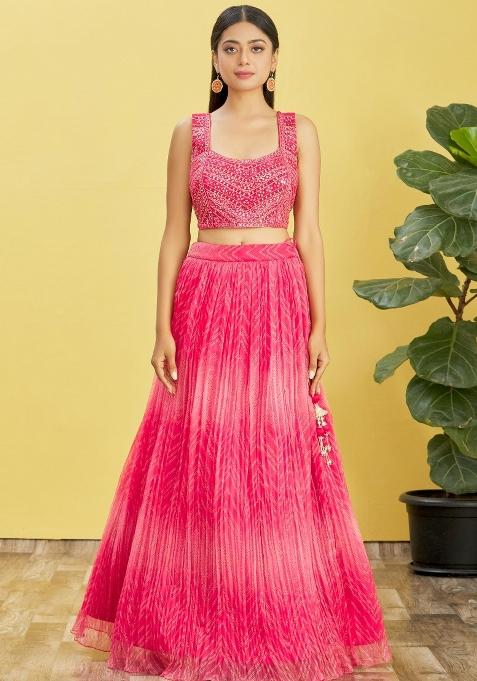 Pink Embroidered Slub Silk Lehenga Choli Set