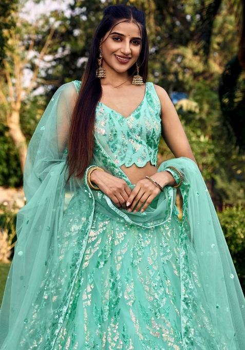 Blue Embroidered Soft Net Lehenga Choli Set