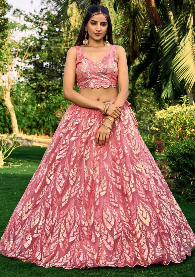Pink Embroidered Soft Net Lehenga Choli Set