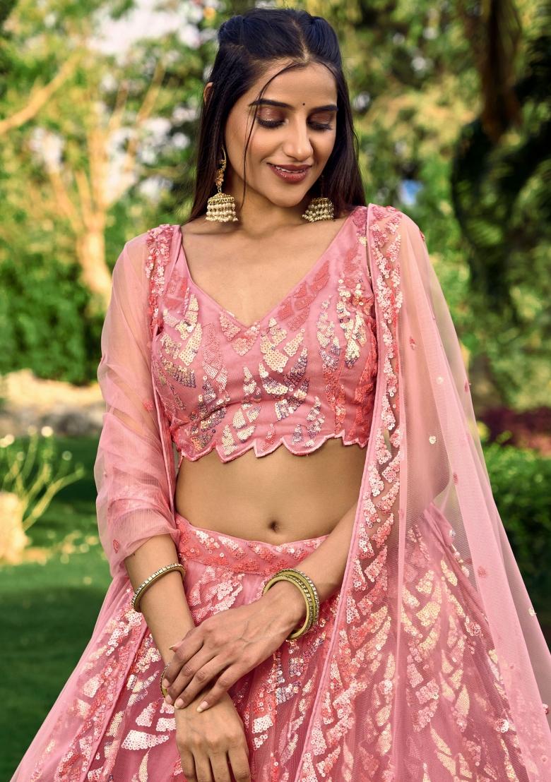 Pink Embroidered Soft Net Lehenga Choli Set