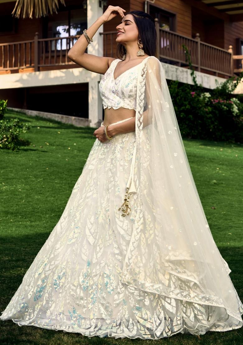 White Embroidered Soft Net Lehenga Choli Set