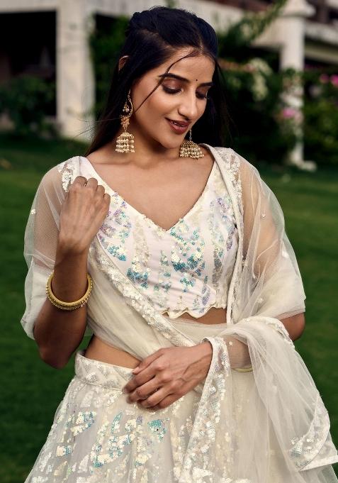White Embroidered Soft Net Lehenga Choli Set