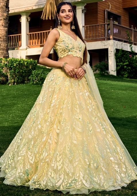 Yellow Embroidered Soft Net Lehenga Choli Set