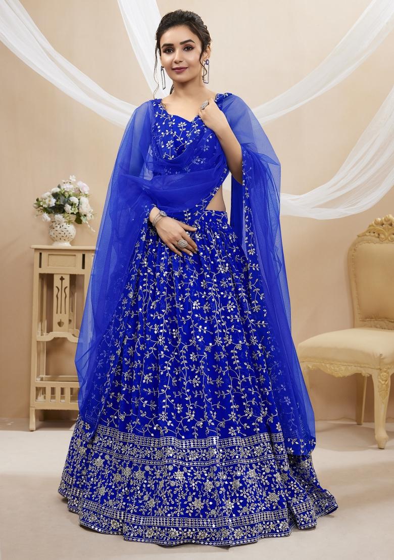 Blue Embroidered Georgette Lehenga Choli Set - Indya