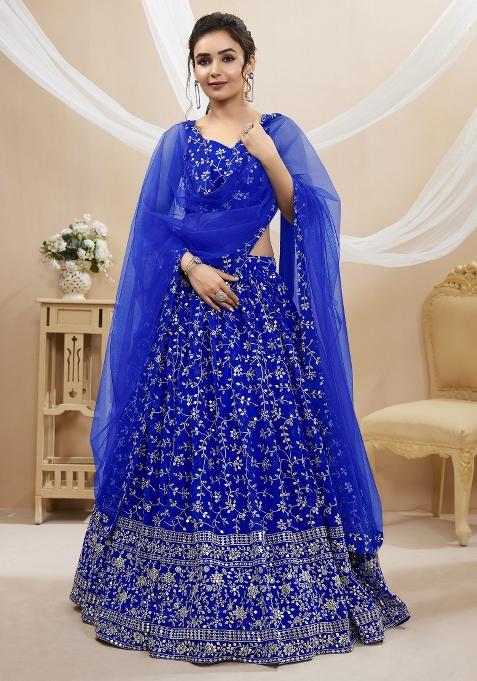 Blue Embroidered Georgette Lehenga Choli Set